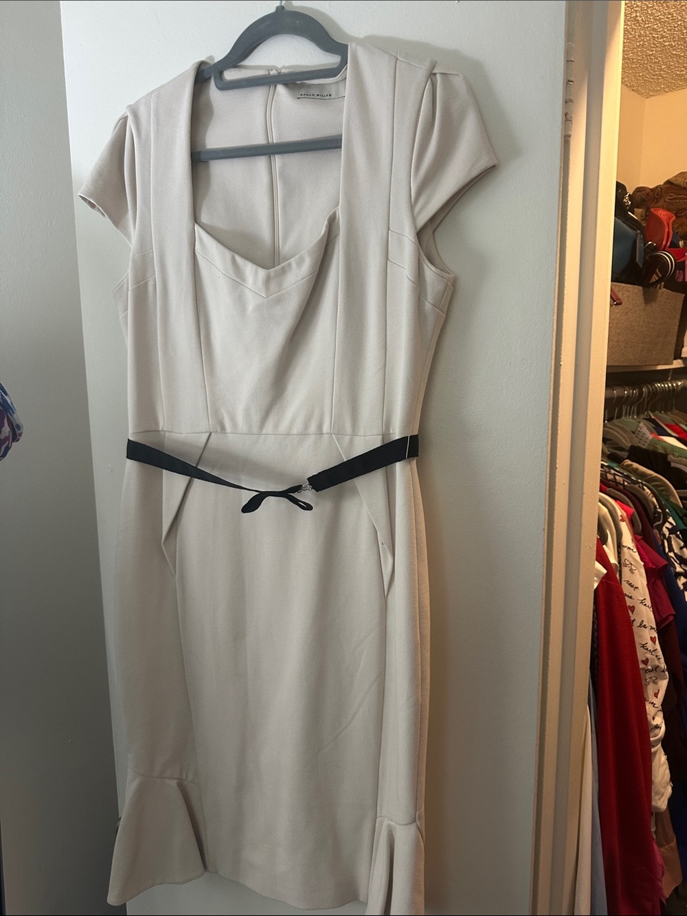 Karen Millen Cream Sheath Dress with Black Waist Tie